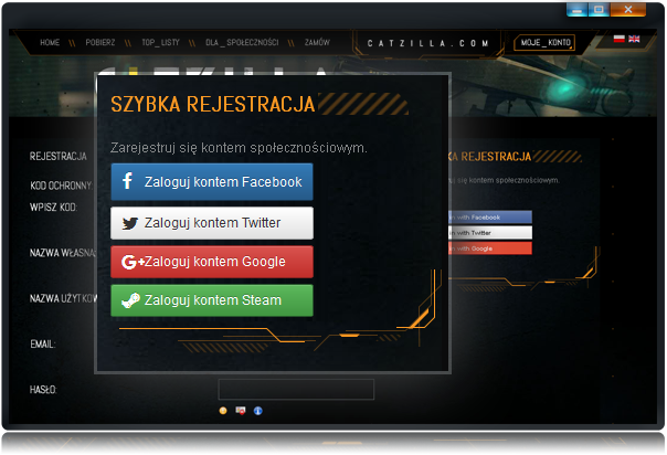 Catzilla Benchmark - rejestracja kontem facebook, google, twitter